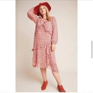 Maeve Anthropologie Plus 3X Floral‎ Pink Print Long Sleeve Layered Midi Dress #C